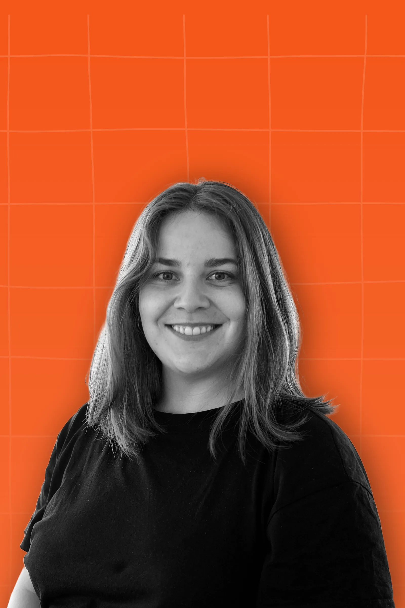 Black and white portrait of a woman placed on orange background with light orange pattern.