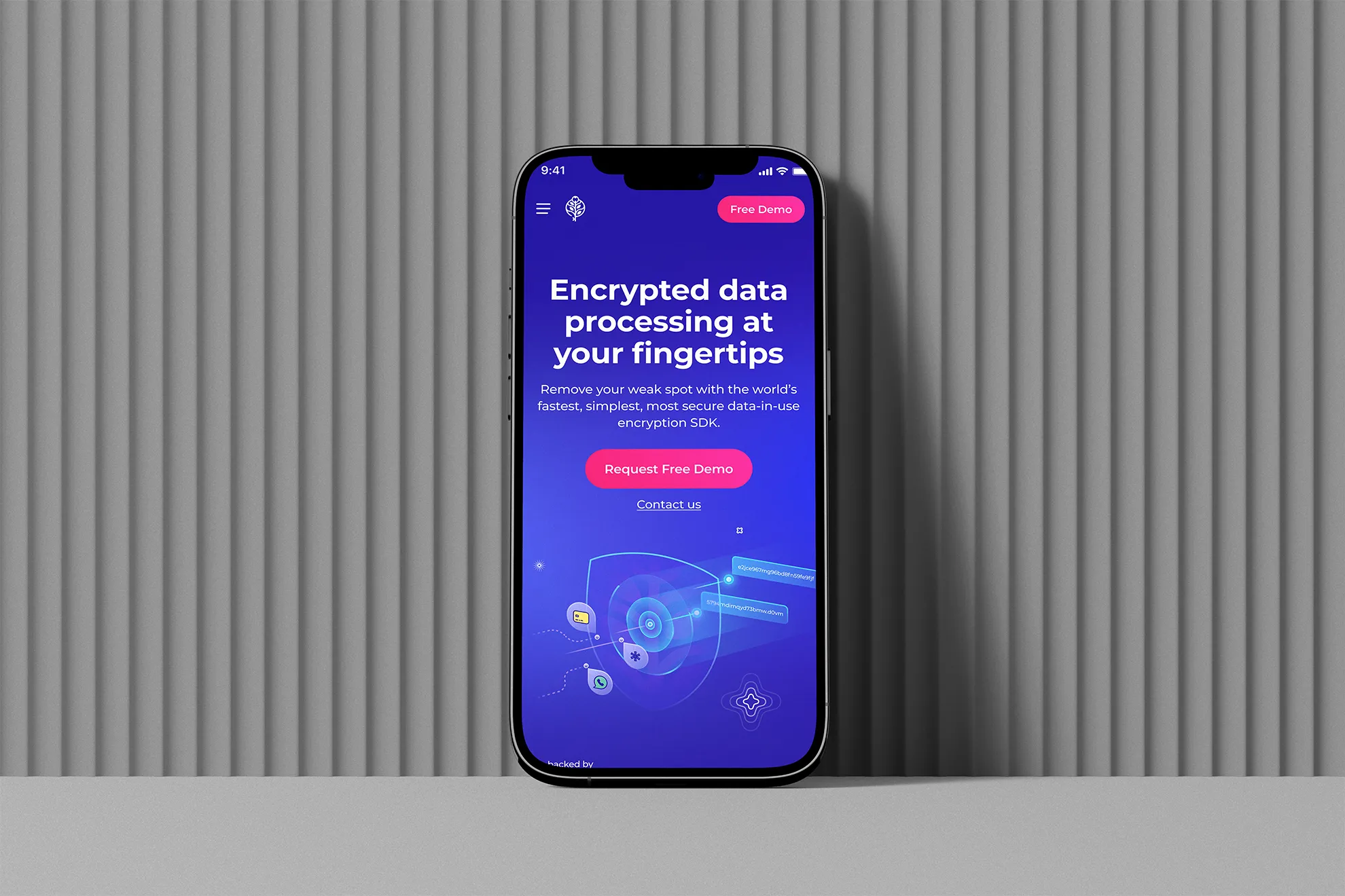 Iphone leaning on a grey walk showcasing a past project for Saas client.